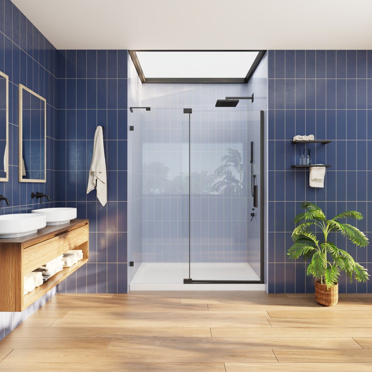 Flexi-L 50-54" W X 70" H Black Pivot Shower Door, Frameless Matte Black Tempered Glass with Handle