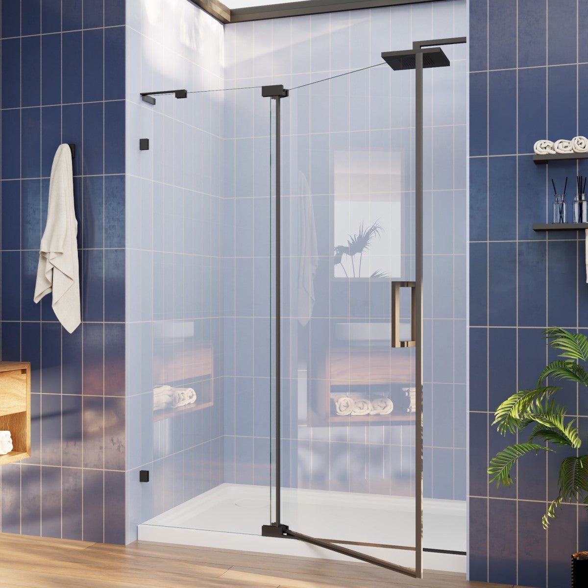 Flexi-L 50-54" W X 70" H Black Pivot Shower Door, Frameless Matte Black Tempered Glass with Handle