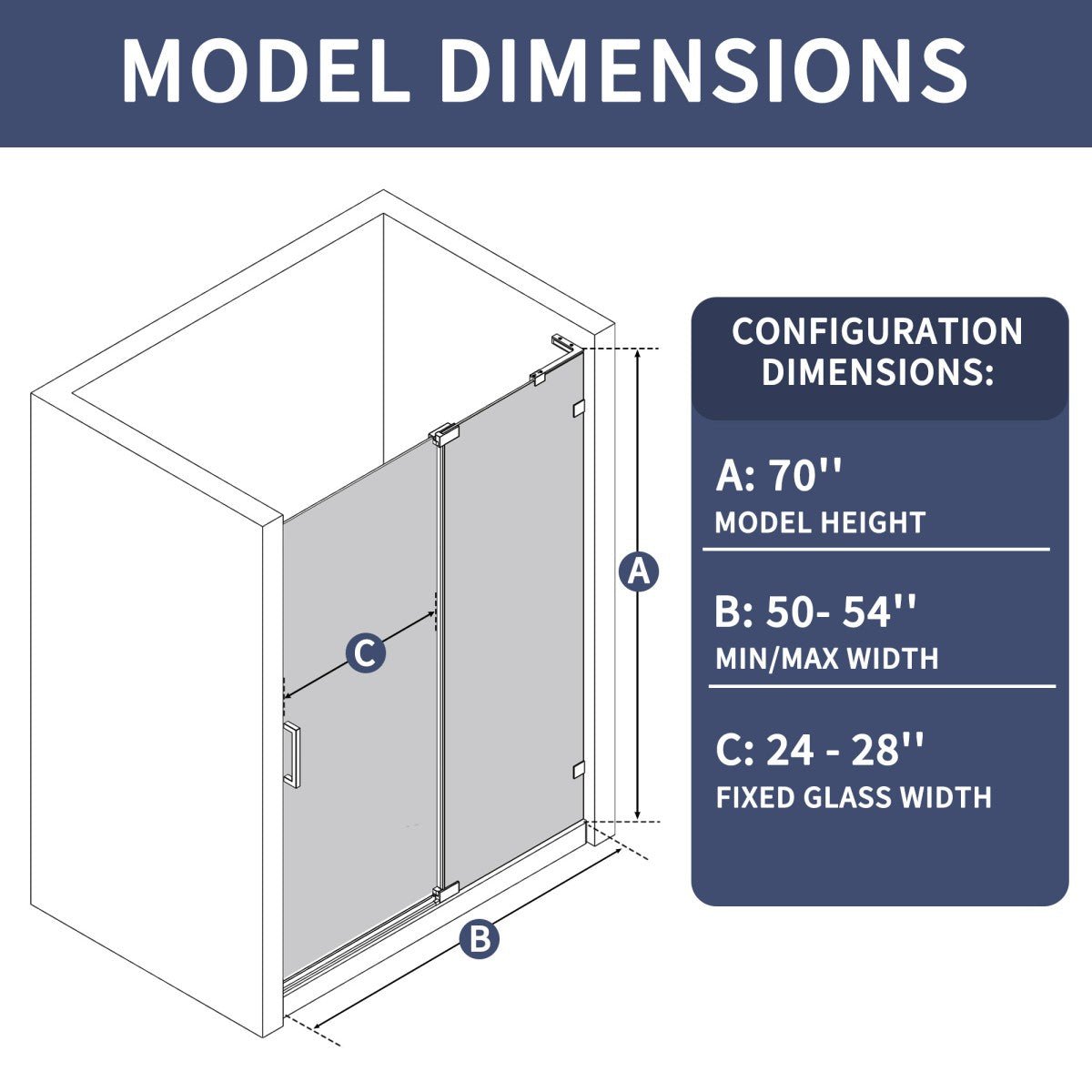 Flexi-L 50-54" W X 70" H Black Pivot Shower Door, Frameless Matte Black Tempered Glass with Handle