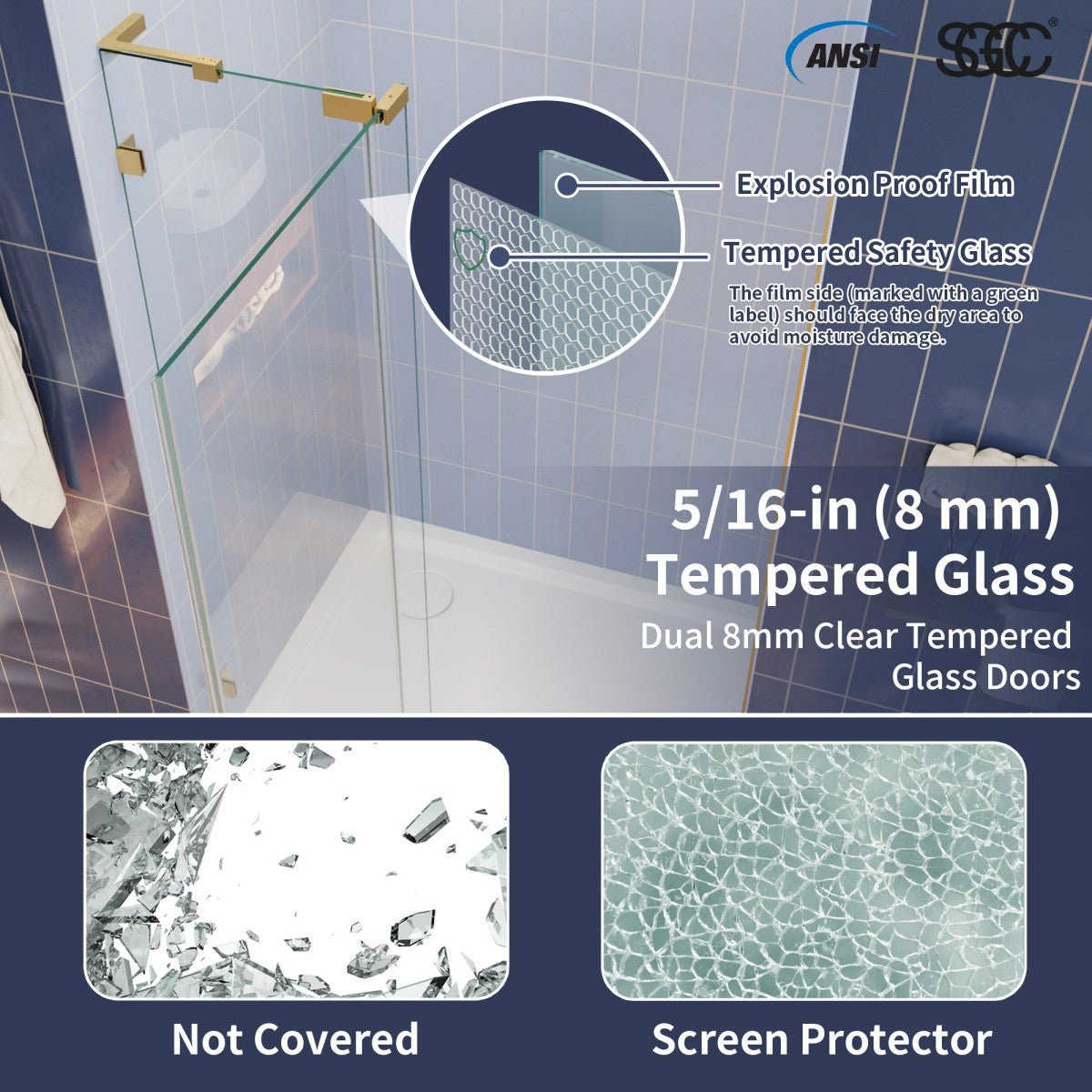Flexi-L Brushed Gold Semi Frameless Shower Screen 44-48" W X 70" H Tempered Glass Bathroom Shower Doors With Handle