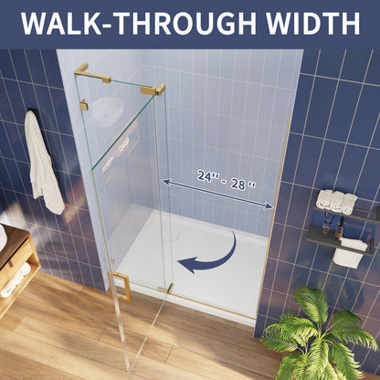 Flexi-L Brushed Gold Semi Frameless Shower Screen 44-48" W X 70" H Tempered Glass Bathroom Shower Doors With Handle