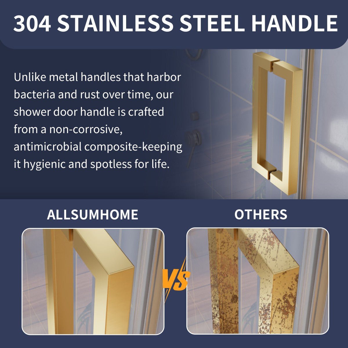 Advertisement for a 304 stainless steel shower door handle with comparison to other handles.