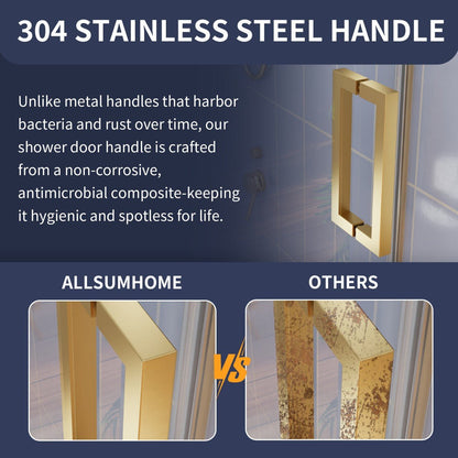 Advertisement for a 304 stainless steel shower door handle with comparison to other handles.