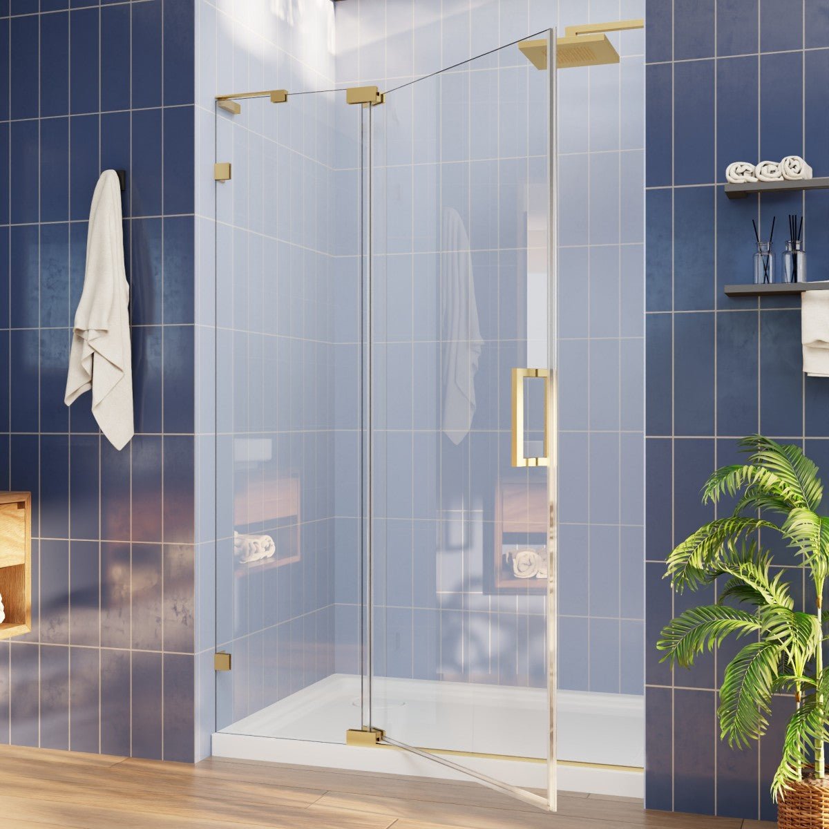 Flexi-L Brushed Gold Semi Frameless Shower Screen 44-48" W X 70" H Tempered Glass Bathroom Shower Doors With Handle