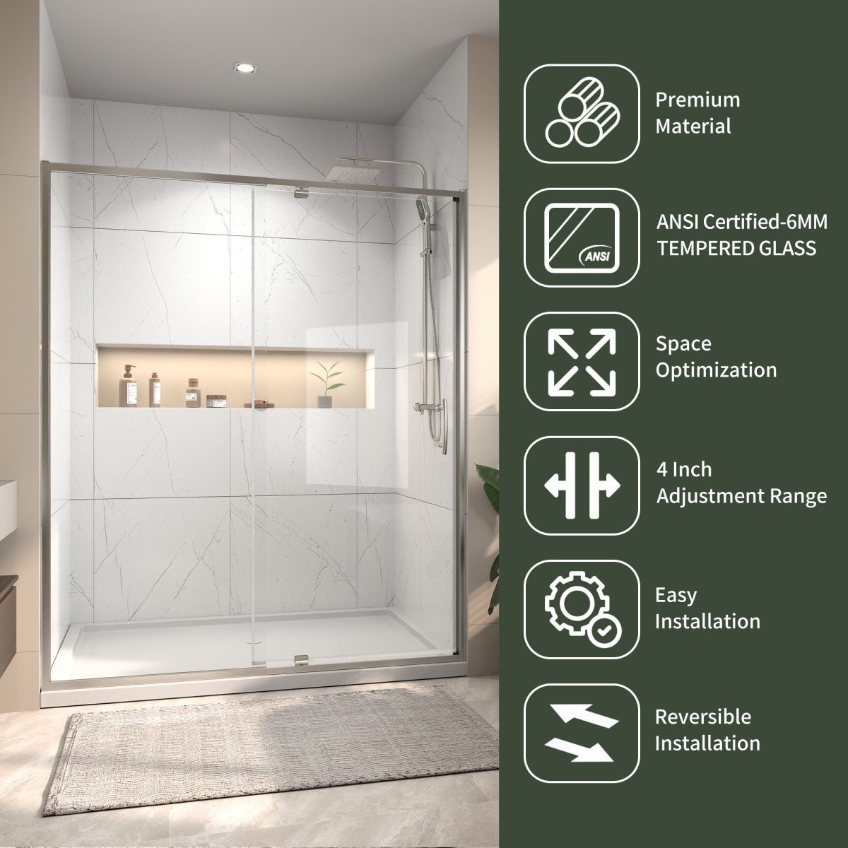 Flexi Showers 56 - 60" W x 71" H Glass Shower Doos Semi - Frameless,6mm Clear Tempered Glass Panel, Brush Nickel Finish