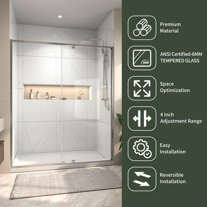 Flexi Showers 56 - 60" W x 71" H Glass Shower Doos Semi - Frameless,6mm Clear Tempered Glass Panel, Brush Nickel Finish