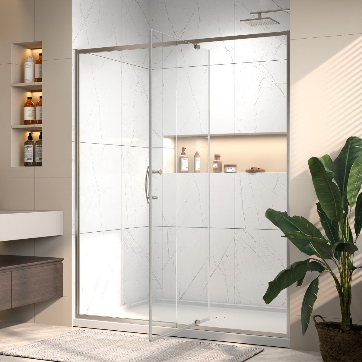 Flexi Showers 56 - 60" W x 71" H Glass Shower Doos Semi - Frameless,6mm Clear Tempered Glass Panel, Brush Nickel Finish