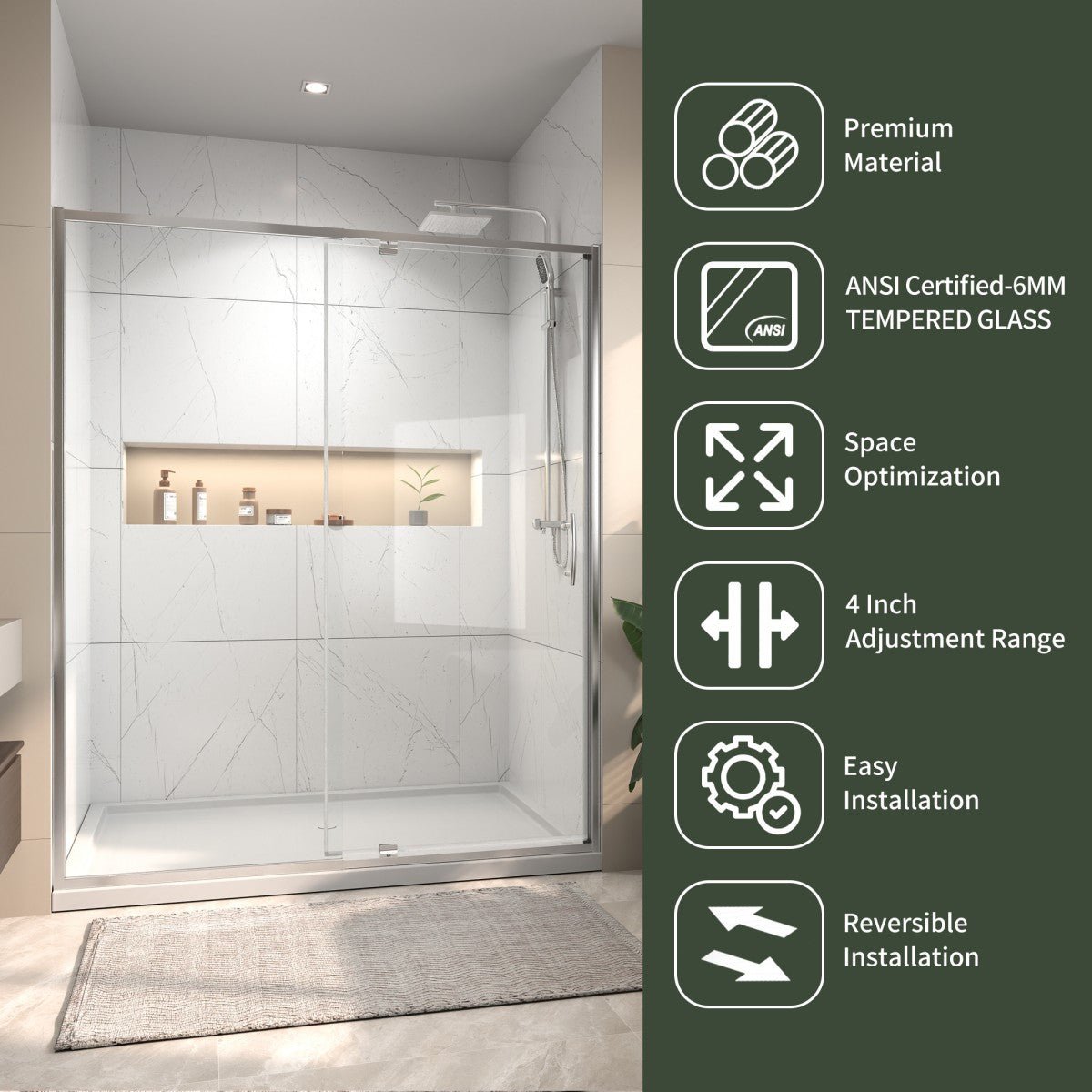 Flexi Showers 56 - 60" W x 71" H Glass Shower Doos Semi - Frameless,6mm Clear Tempered Glass Panel, Chrome Finish
