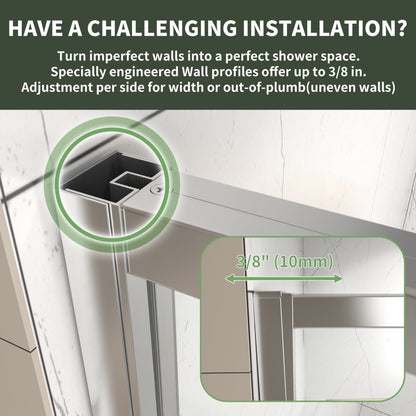 Flexi Showers 56 - 60" W x 71" H Glass Shower Doos Semi - Frameless,6mm Clear Tempered Glass Panel, Chrome Finish