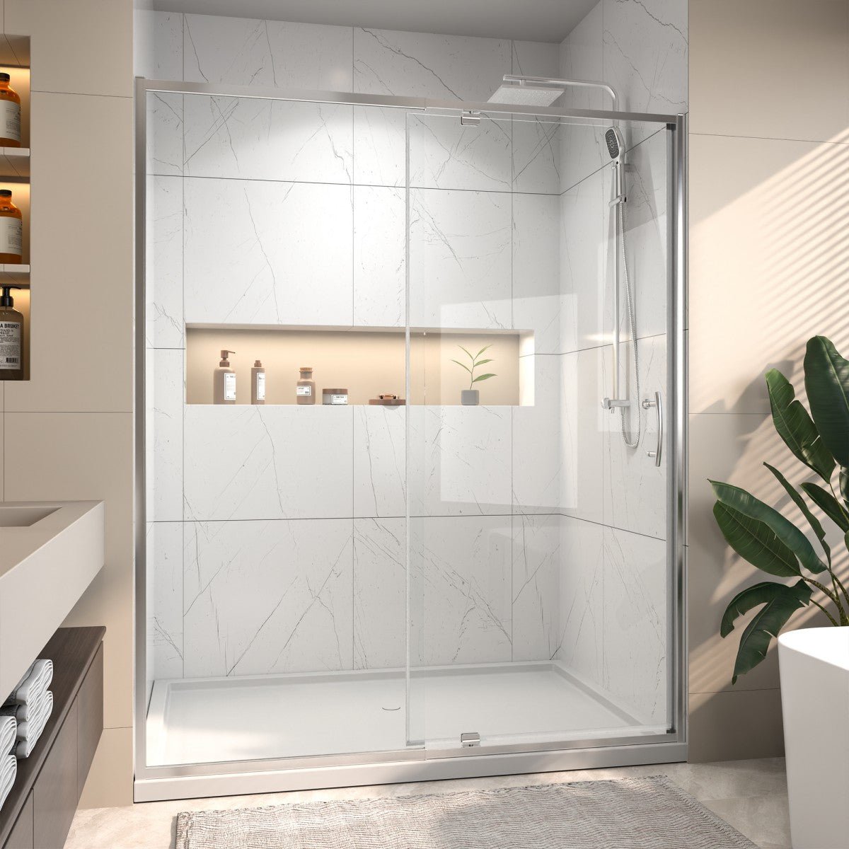 Flexi Showers 56 - 60" W x 71" H Glass Shower Doos Semi - Frameless,6mm Clear Tempered Glass Panel, Chrome Finish