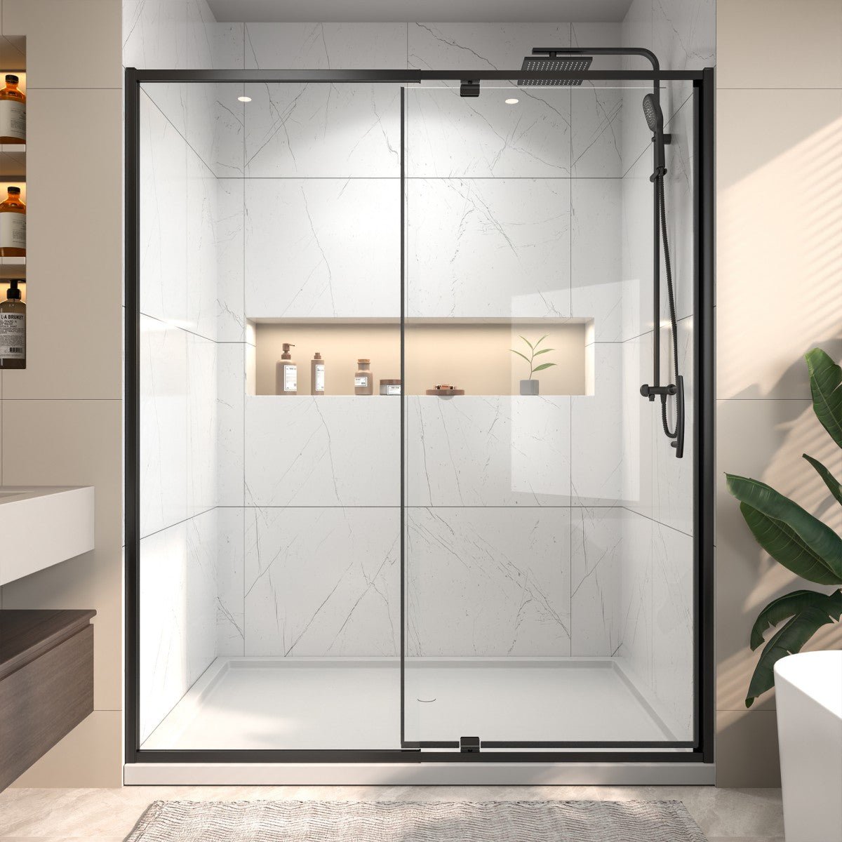 Flexi Showers 56 - 60" W x 71" H Glass Shower Doos Semi - Frameless,6mm Clear Tempered Glass Panel,Black Finish