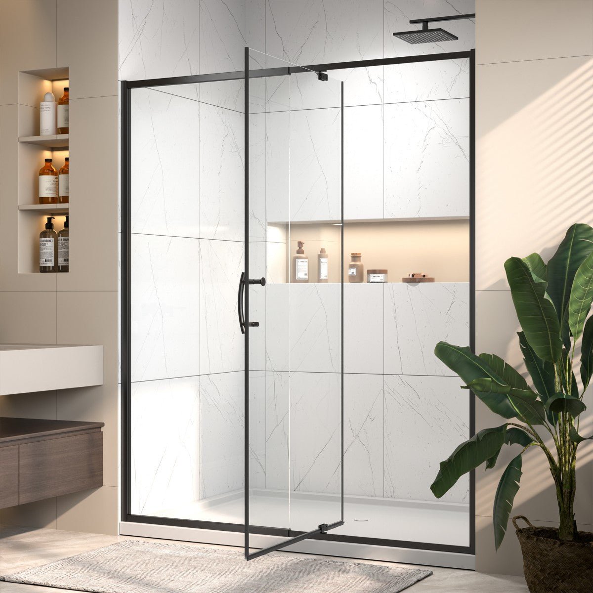 Flexi Showers 56 - 60" W x 71" H Glass Shower Doos Semi - Frameless,6mm Clear Tempered Glass Panel,Black Finish