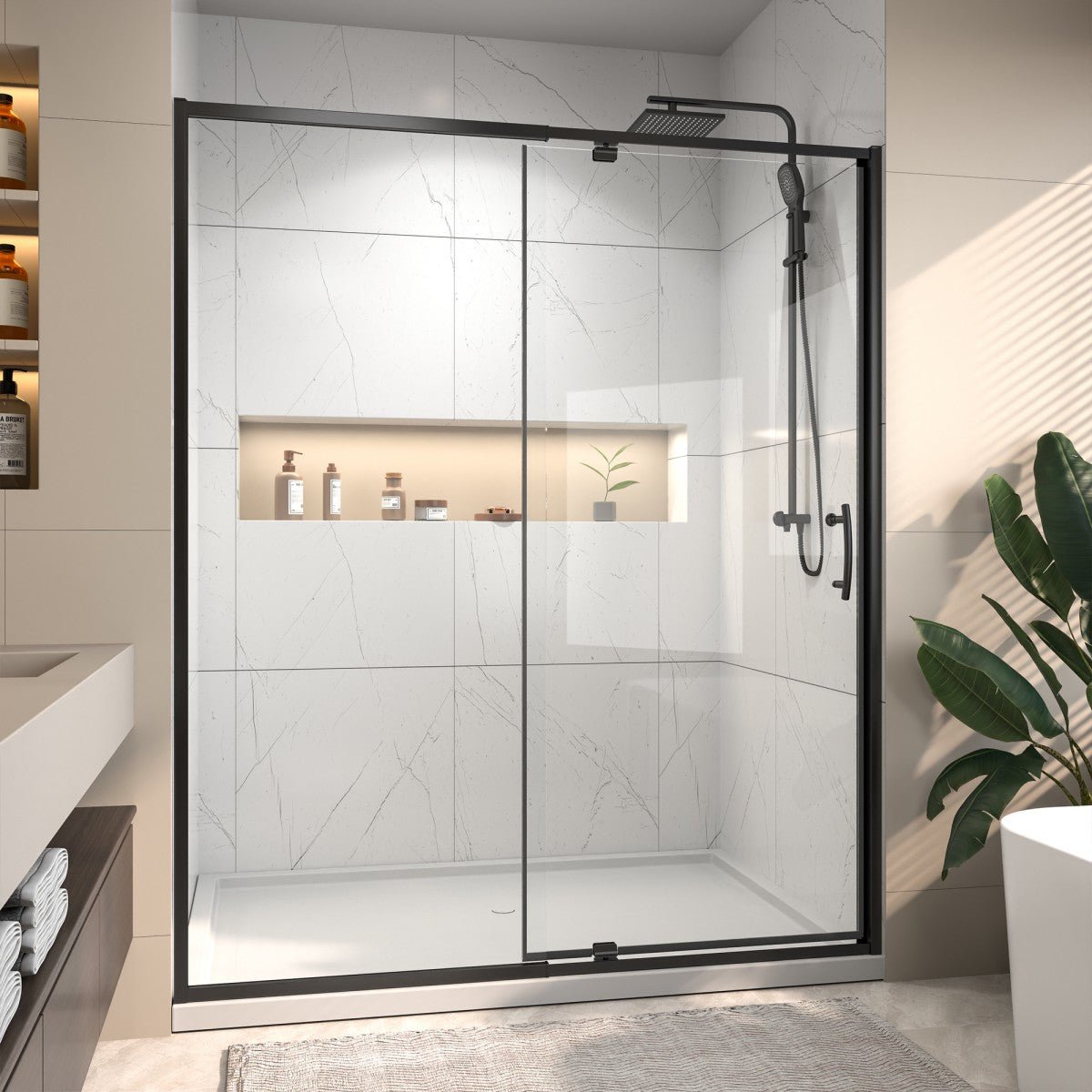 Flexi Showers 56 - 60" W x 71" H Glass Shower Doos Semi - Frameless,6mm Clear Tempered Glass Panel,Black Finish