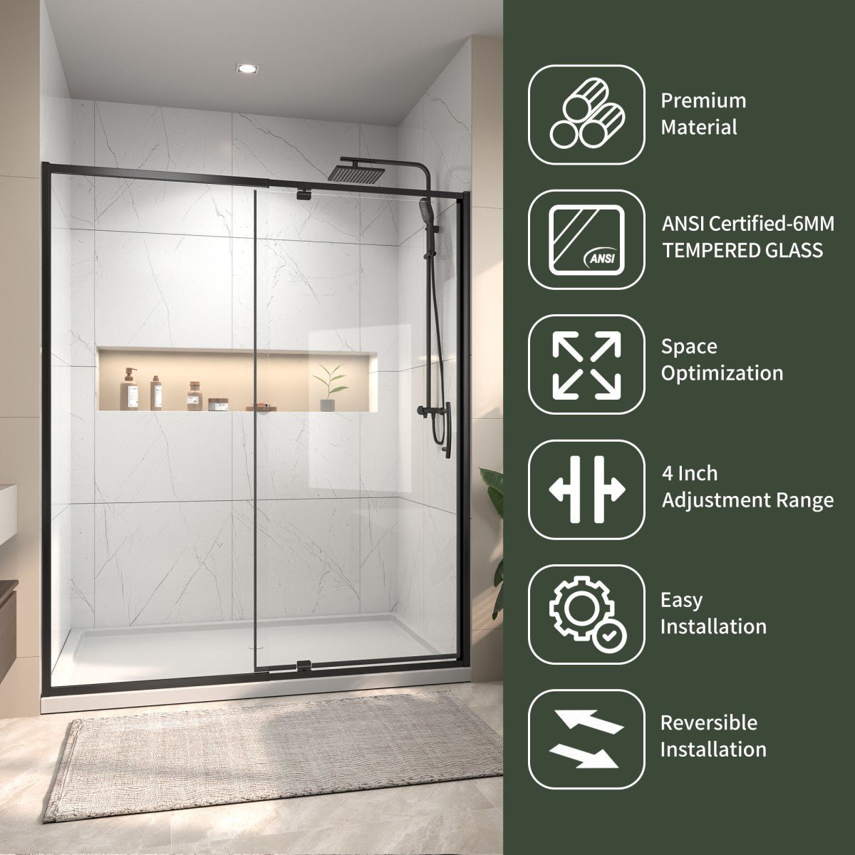 Flexi Showers 56 - 60" W x 71" H Glass Shower Doos Semi - Frameless,6mm Clear Tempered Glass Panel,Black Finish