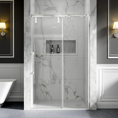 Frameless Sliding Shower Doors 44-48" x 76" Chrome Easy Clean Fixed Glass Left | ExBrite Elysian-S Series