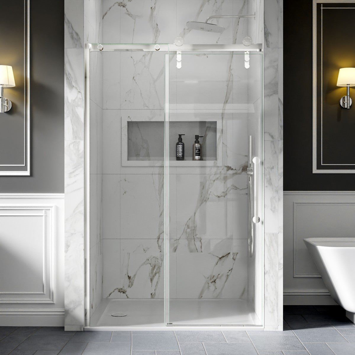 Frameless Sliding Shower Doors 44-48" x 76" Chrome Easy Clean Fixed Glass Left | ExBrite Elysian-S Series