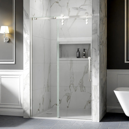 Frameless Sliding Shower Doors 44-48" x 76" Chrome Easy Clean Fixed Glass Left | ExBrite Elysian-S Series
