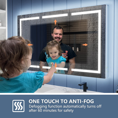 Family using an anti-fogging bathroom mirror with a child pointing at it.