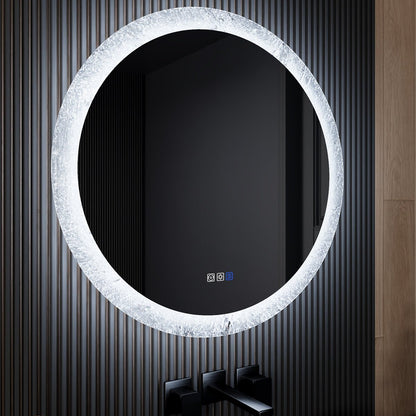 Glacy Series 30" x 30" Round LED Bathroom Mirror – Ice Textures Edge, Smart Dimming, Defogger, ETL Certified