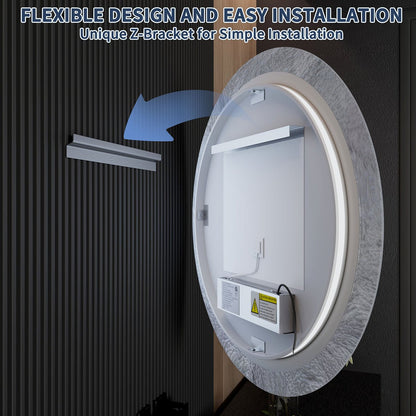 Glacy Series 30" x 30" Round LED Bathroom Mirror – Ice Textures Edge, Smart Dimming, Defogger, ETL Certified
