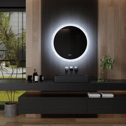 Glacy Series 30" x 30" Round LED Bathroom Mirror – Ice Textures Edge, Smart Dimming, Defogger, ETL Certified
