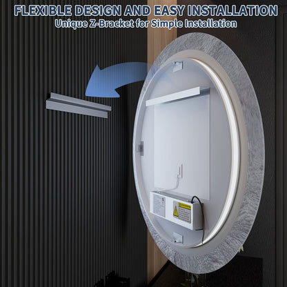 Glacy Series 30" x 30" Round LED Bathroom Mirror – Ice Textures Edge, Smart Dimming, Defogger, ETL Certified