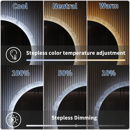 Glacy Series 30" x 30" Round LED Bathroom Mirror – Ice Textures Edge, Smart Dimming, Defogger, ETL Certified
