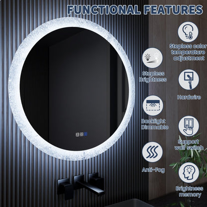 Glacy Series 30" x 30" Round LED Bathroom Mirror – Ice Textures Edge, Smart Dimming, Defogger, ETL Certified - ExBriteUSA