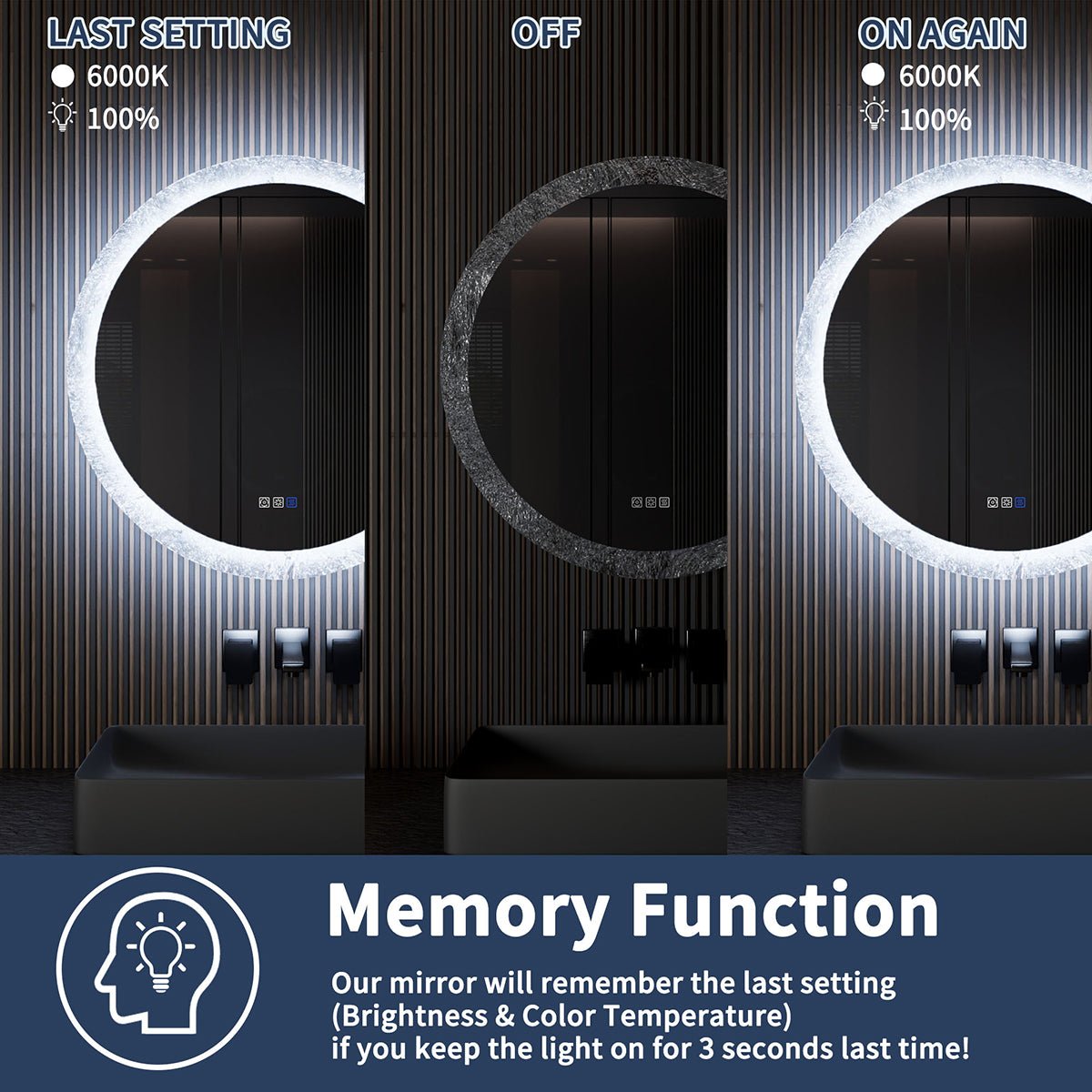 Glacy Series 30" x 30" Round LED Bathroom Mirror – Ice Textures Edge, Smart Dimming, Defogger, ETL Certified