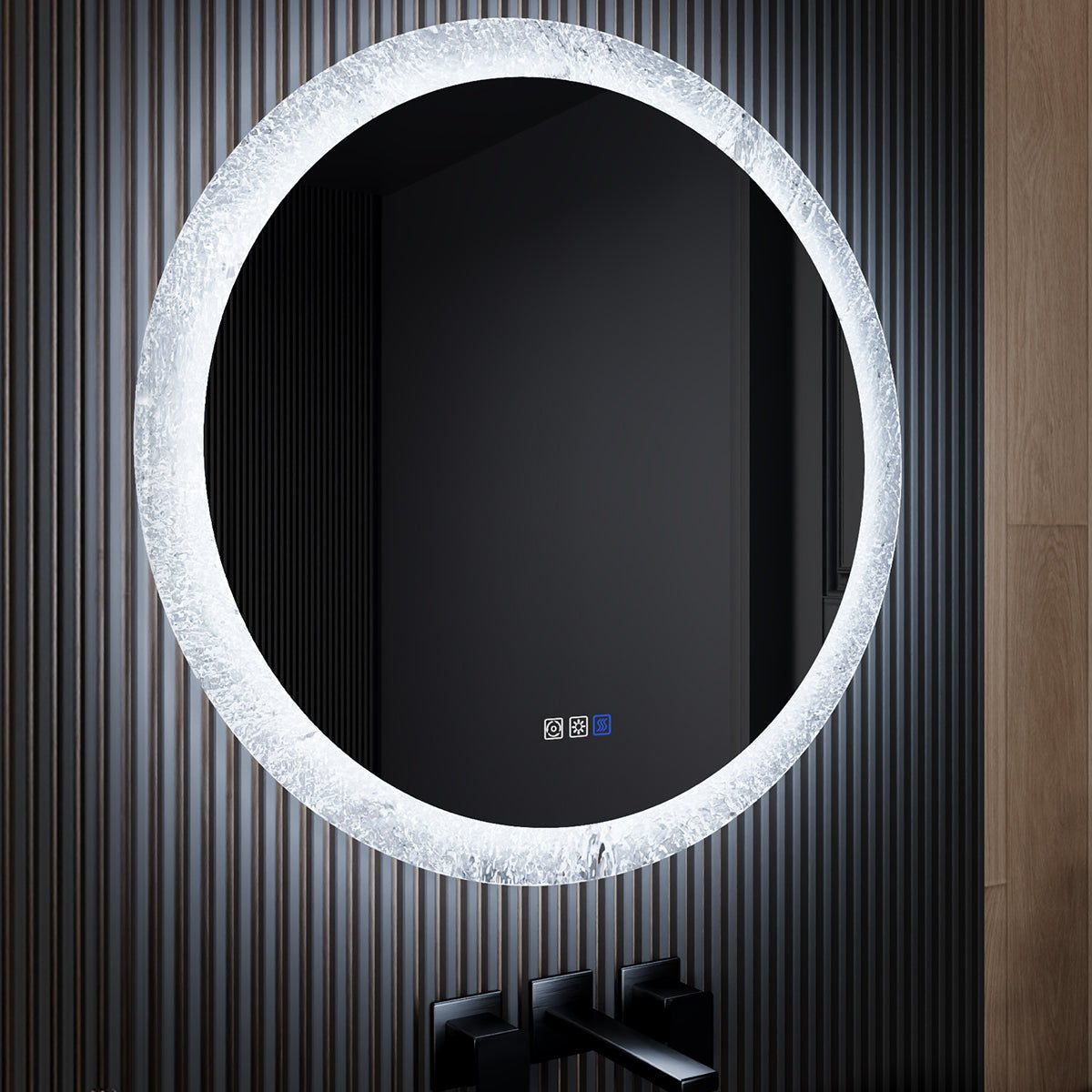 Glacy Series 30" x 30" Round LED Bathroom Mirror – Ice Textures Edge, Smart Dimming, Defogger, ETL Certified