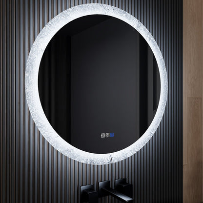Glacy Series 30" x 30" Round LED Bathroom Mirror – Ice Textures Edge, Smart Dimming, Defogger, ETL Certified