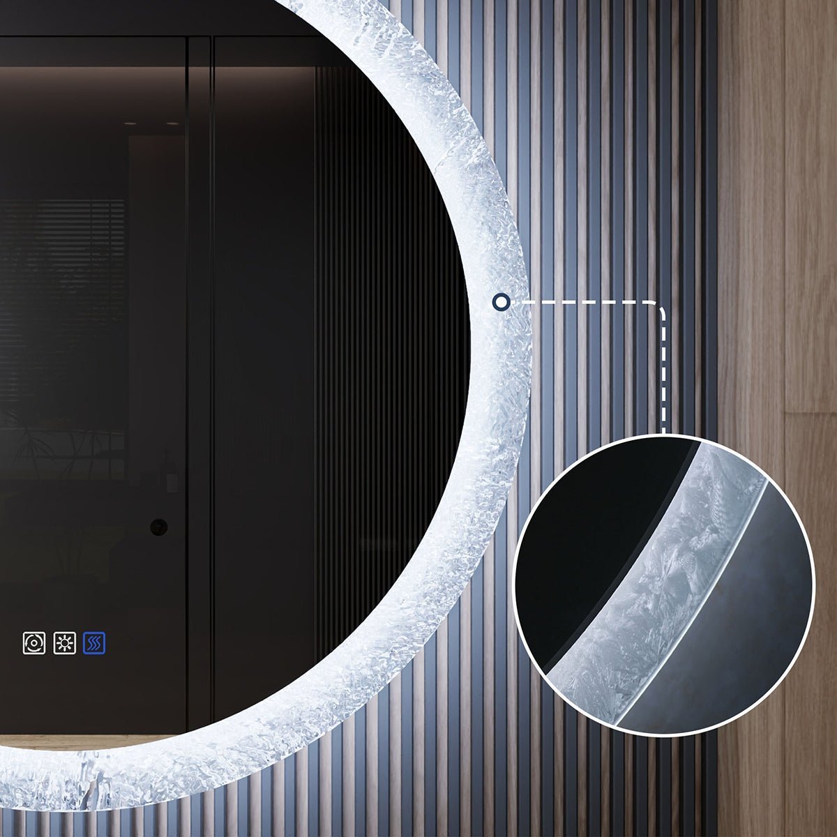 Glacy Series 30" x 30" Round LED Bathroom Mirror – Ice Textures Edge, Smart Dimming, Defogger, ETL Certified