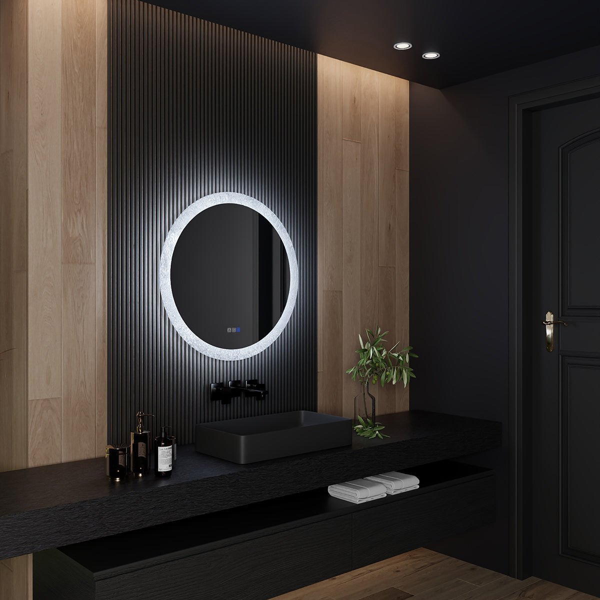 Glacy Series 30" x 30" Round LED Bathroom Mirror – Ice Textures Edge, Smart Dimming, Defogger, ETL Certified