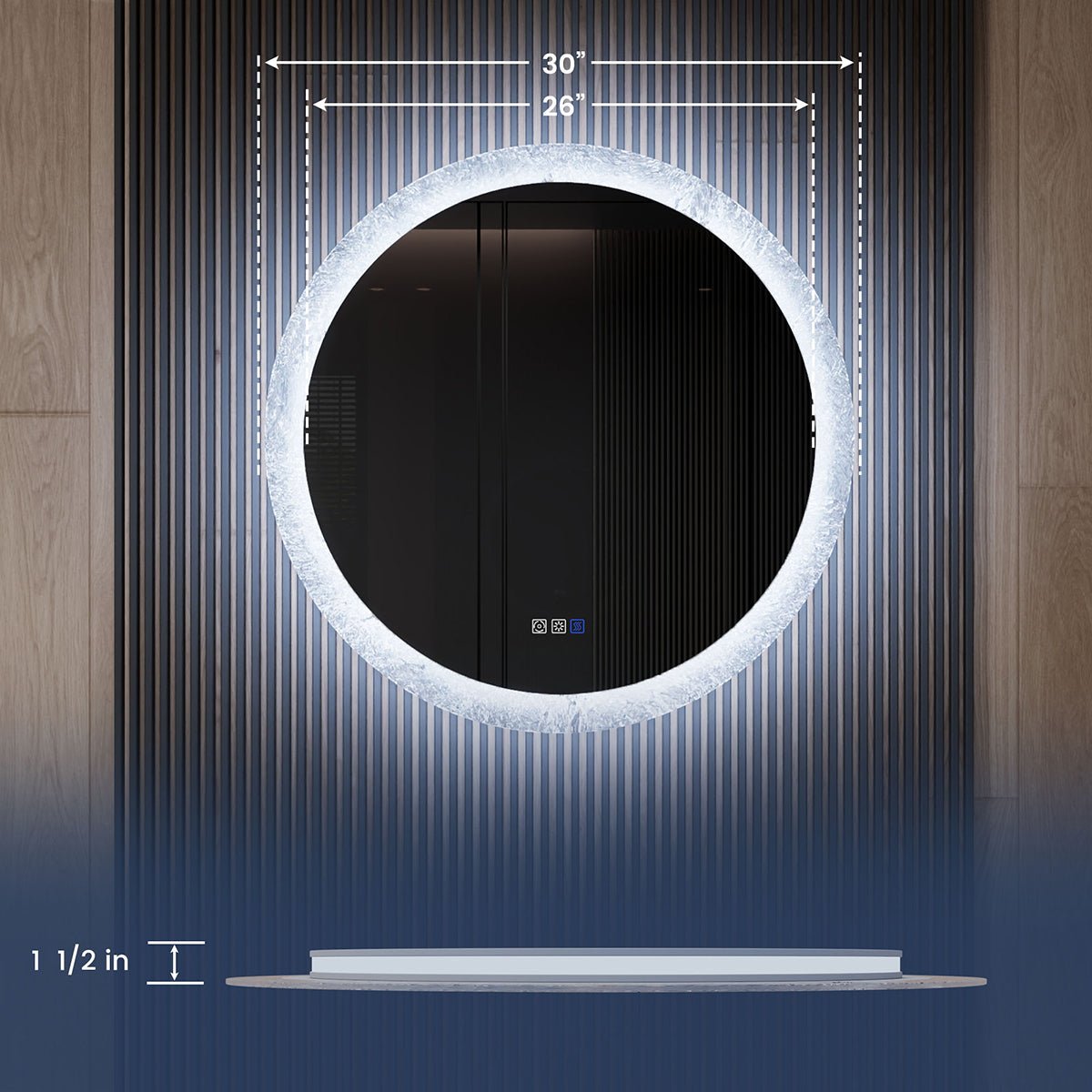 Glacy Series 30" x 30" Round LED Bathroom Mirror – Ice Textures Edge, Smart Dimming, Defogger, ETL Certified