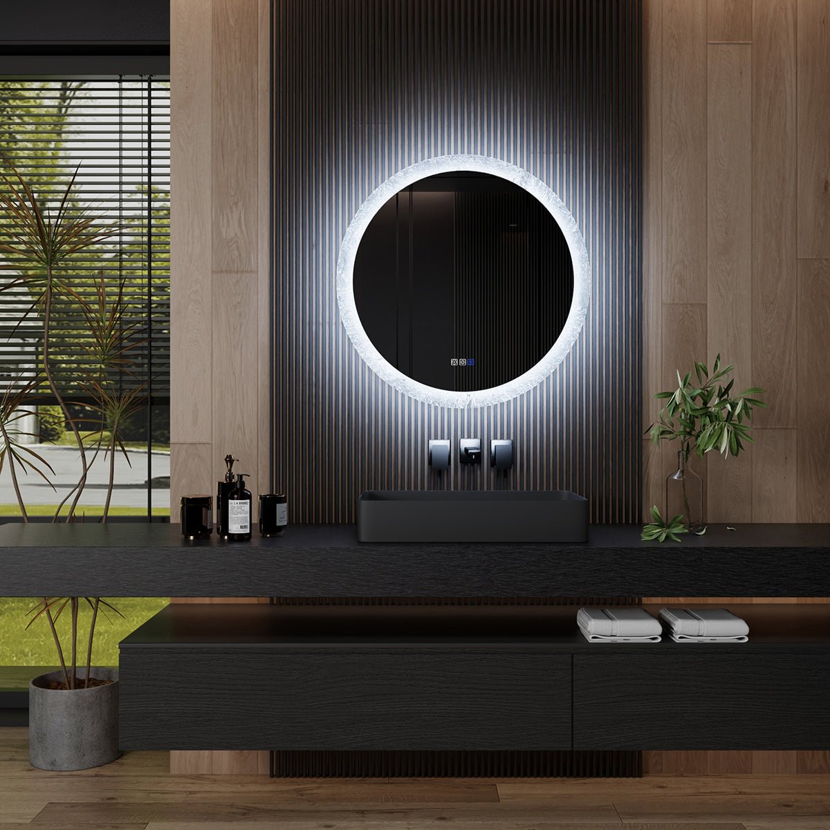 Glacy Series 30" x 30" Round LED Bathroom Mirror – Ice Textures Edge, Smart Dimming, Defogger, ETL Certified
