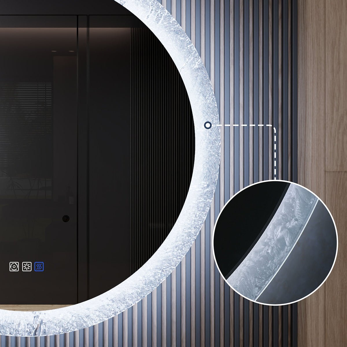 Glacy Series 30" x 30" Round LED Bathroom Mirror – Ice Textures Edge, Smart Dimming, Defogger, ETL Certified
