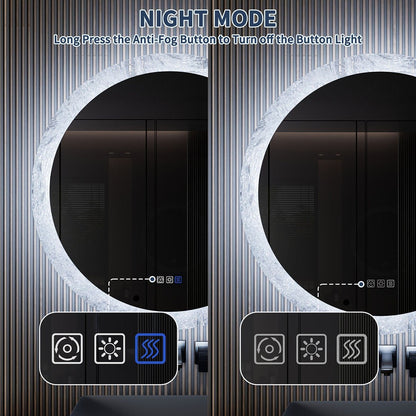 Glacy Series 36" x 36" Round LED Bathroom Mirror – Ice Textures Edge, Smart Dimming, Defogger, ETL Certified