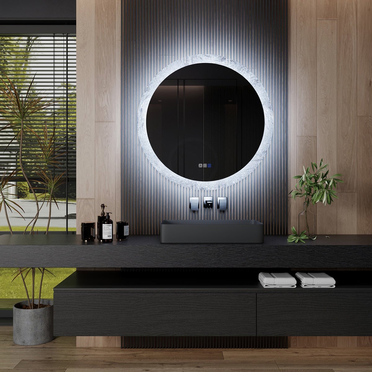 Glacy Series 36" x 36" Round LED Bathroom Mirror – Ice Textures Edge, Smart Dimming, Defogger, ETL Certified