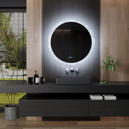 Glacy Series 36" x 36" Round LED Bathroom Mirror – Ice Textures Edge, Smart Dimming, Defogger, ETL Certified