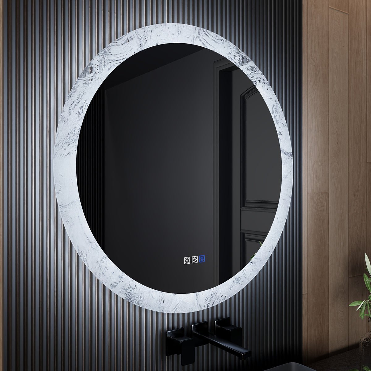 Glacy Series 36" x 36" Round LED Bathroom Mirror – Ice Textures Edge, Smart Dimming, Defogger, ETL Certified