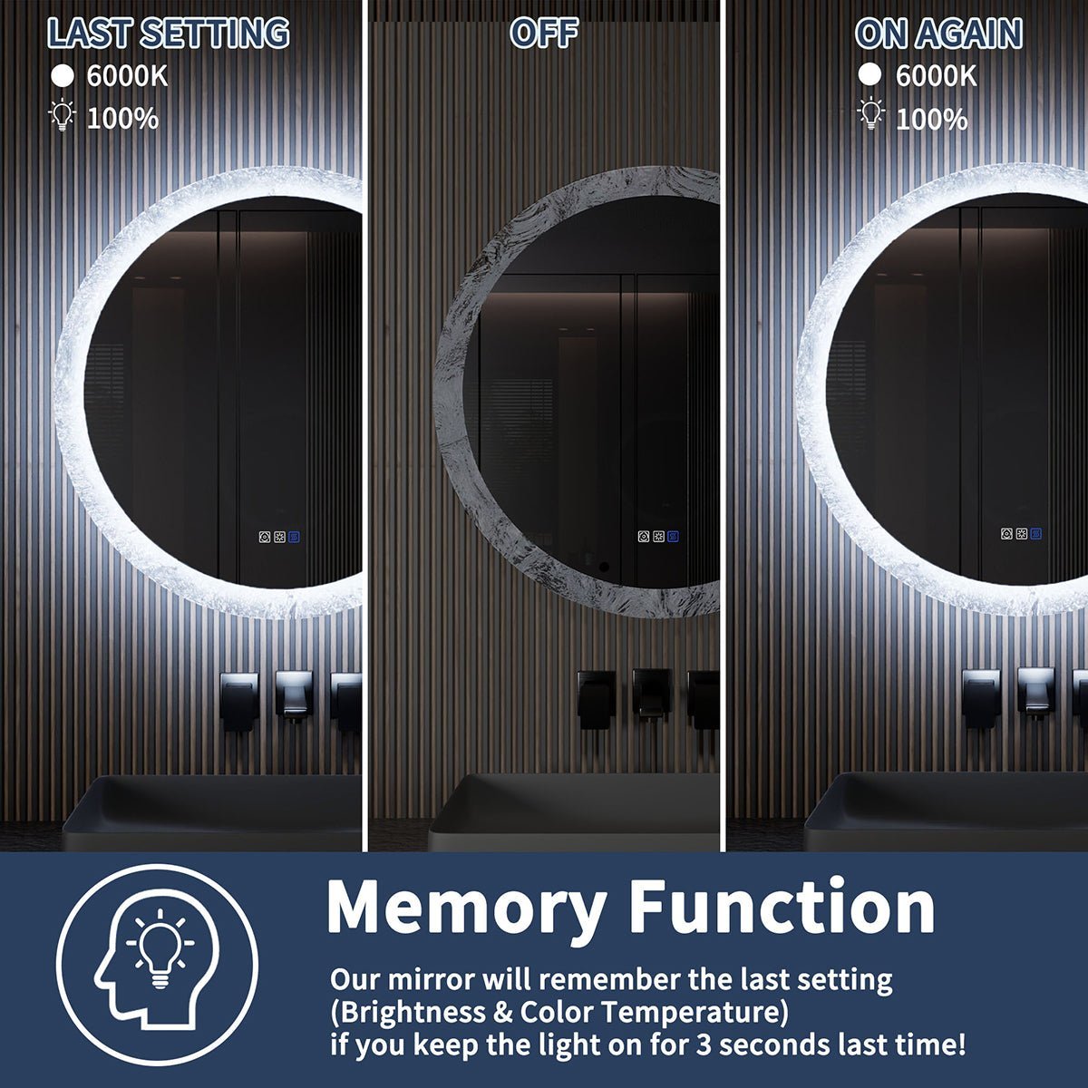 Glacy Series 36" x 36" Round LED Bathroom Mirror – Ice Textures Edge, Smart Dimming, Defogger, ETL Certified