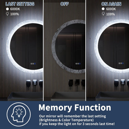 Glacy Series 36" x 36" Round LED Bathroom Mirror – Ice Textures Edge, Smart Dimming, Defogger, ETL Certified