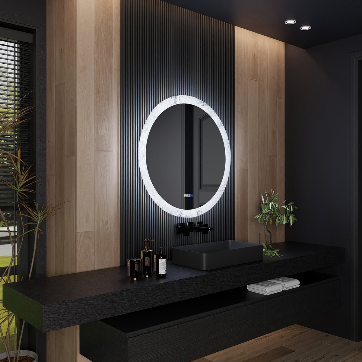 Glacy Series 36" x 36" Round LED Bathroom Mirror – Ice Textures Edge, Smart Dimming, Defogger, ETL Certified