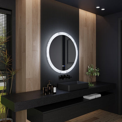 Glacy Series 36" x 36" Round LED Bathroom Mirror – Ice Textures Edge, Smart Dimming, Defogger, ETL Certified
