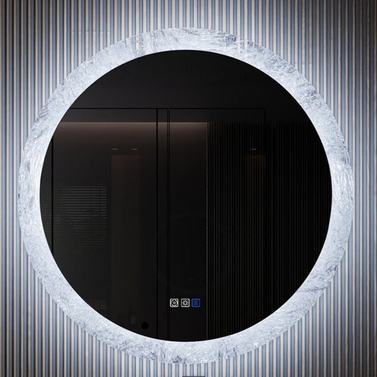 Glacy Series 36" x 36" Round LED Bathroom Mirror – Ice Textures Edge, Smart Dimming, Defogger, ETL Certified