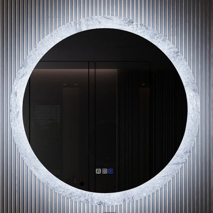 Glacy Series 36" x 36" Round LED Bathroom Mirror – Ice Textures Edge, Smart Dimming, Defogger, ETL Certified