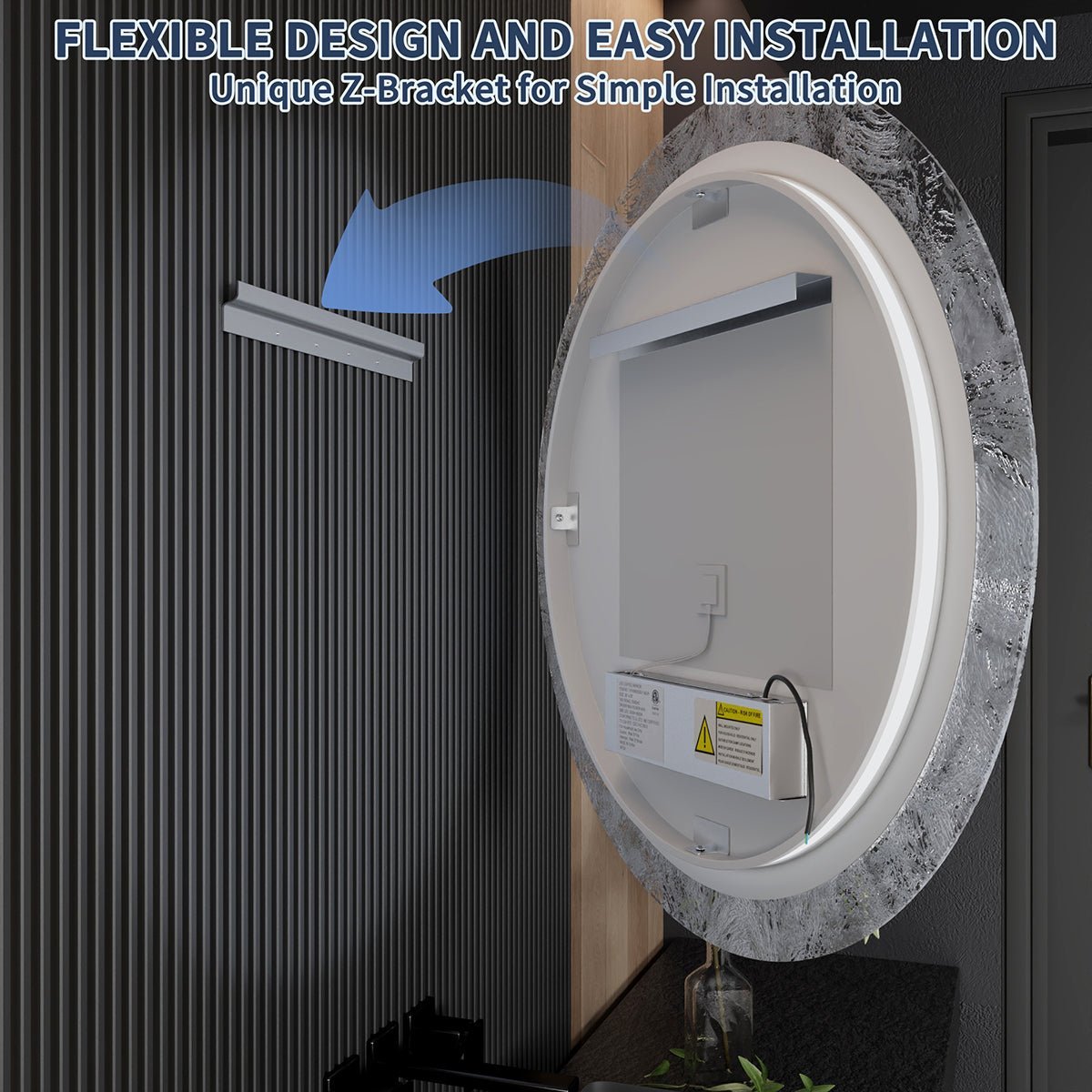 Glacy Series 36" x 36" Round LED Bathroom Mirror – Ice Textures Edge, Smart Dimming, Defogger, ETL Certified
