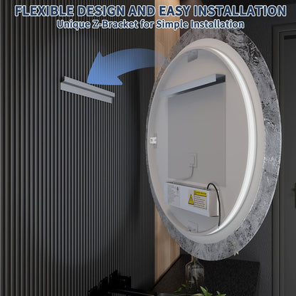 Glacy Series 36" x 36" Round LED Bathroom Mirror – Ice Textures Edge, Smart Dimming, Defogger, ETL Certified