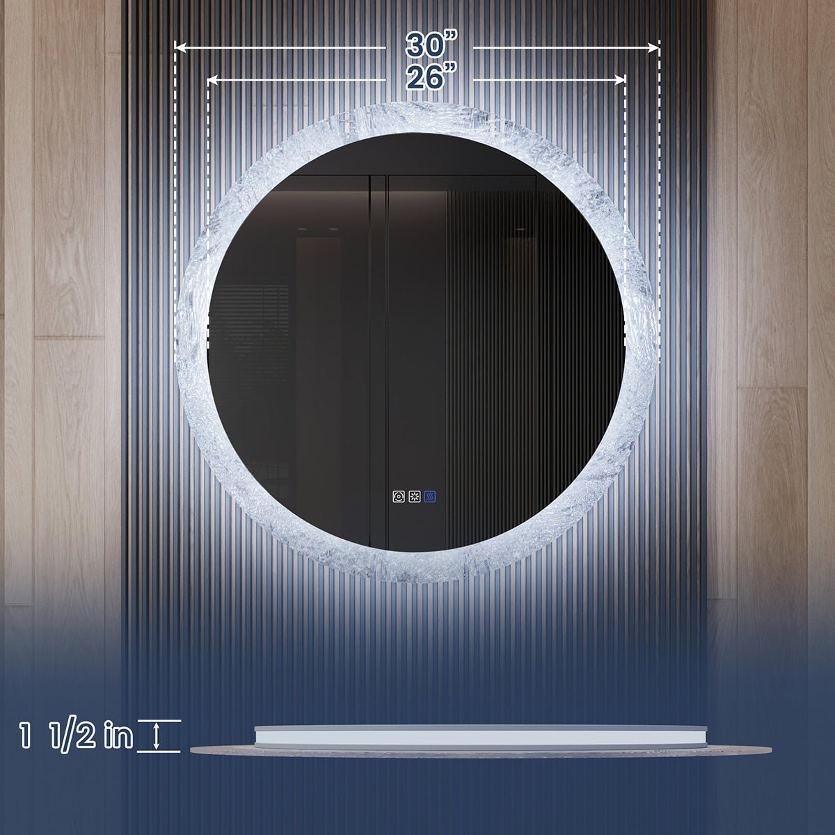 Glacy Series 36" x 36" Round LED Bathroom Mirror – Ice Textures Edge, Smart Dimming, Defogger, ETL Certified
