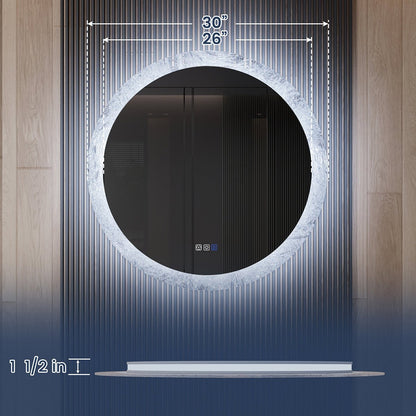 Glacy Series 36" x 36" Round LED Bathroom Mirror – Ice Textures Edge, Smart Dimming, Defogger, ETL Certified